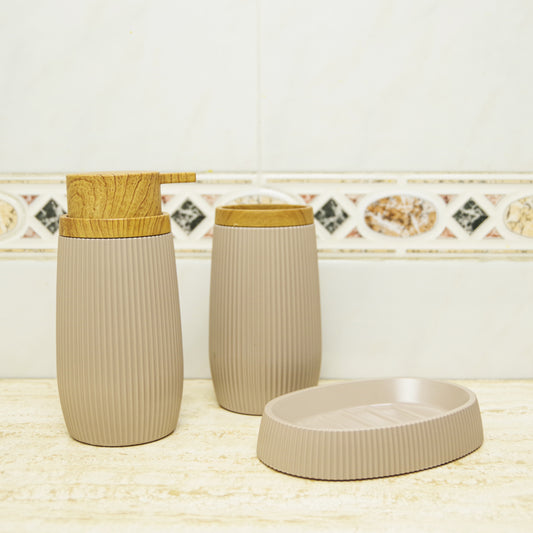 Set de Baño 3 Piezas en plastico y Madera Color Beige