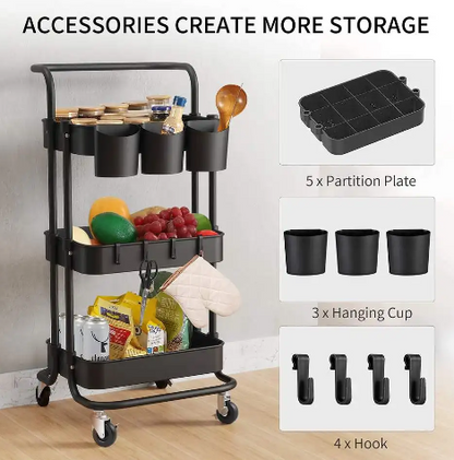 Carrito Organizador de Metal de 3 Niveles - Ideal para Cocina y Baño - Color Negro